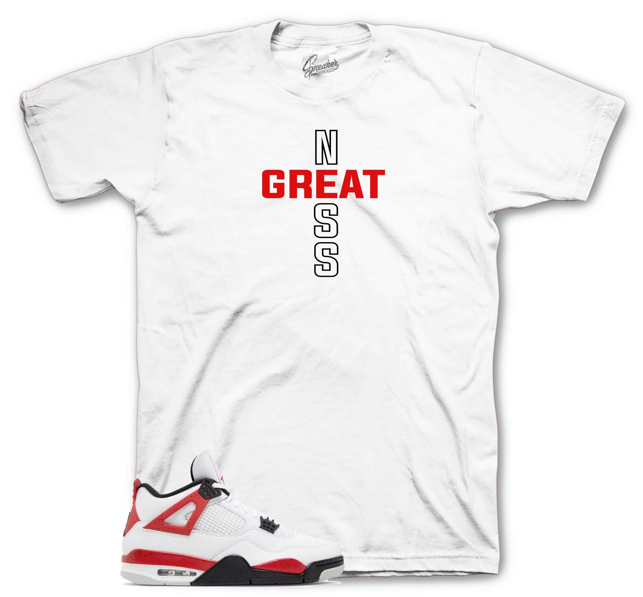 Retro 4 Red Cement Shirt - Greatness Cross - White