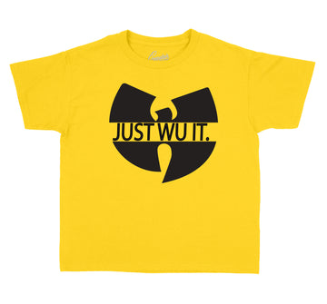 University Gold Jordan 12 sneakers matches kids tees