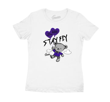 Purple Metallic Jordan 4 sneaker collection matches women tees