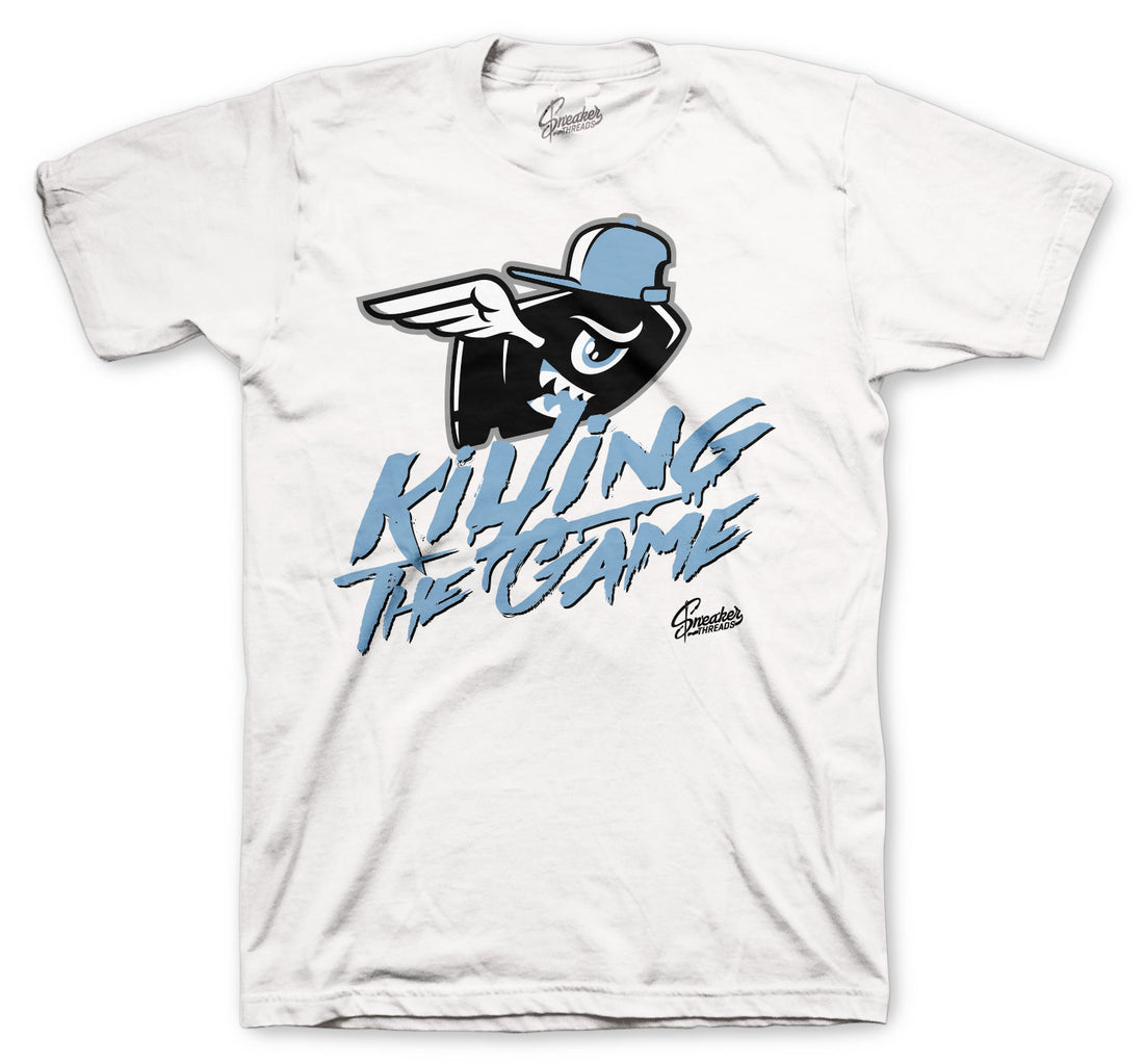 white tees matching Jordan 9 university blue sneaker collection