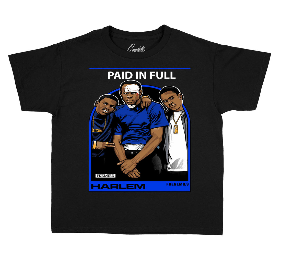 kids Jordan 13 black hyper royal sneakers that match with kids tees