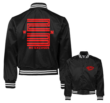 Jordan 11 bred satin bomber jacket match retro 11s shoes.