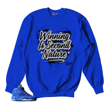 Blue suede Jordan 5 sweater match retro 5's sneaker crews.