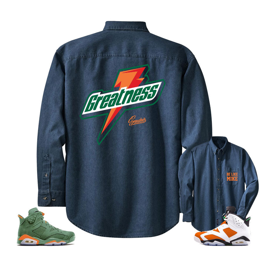 Denim shirt match Jordan 6 gatorade win like mike retro 6's.
