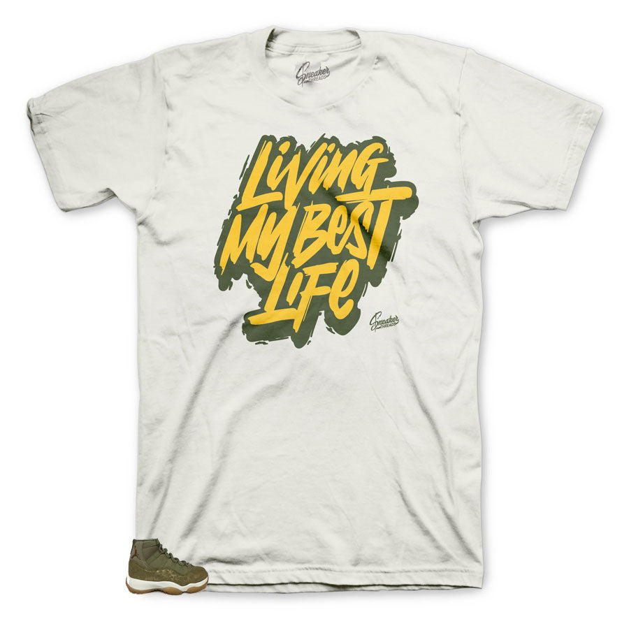 Sneaker tees match Jordan 11 olive lux retro 11 shirts.