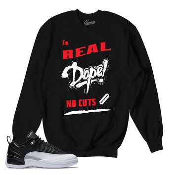 Sweaters match Jordan 12 low playoff sneakers.