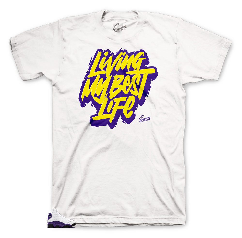 Jordan 13 laker shoes have matching tees made to match the Jordan 13 laker sneaker collection