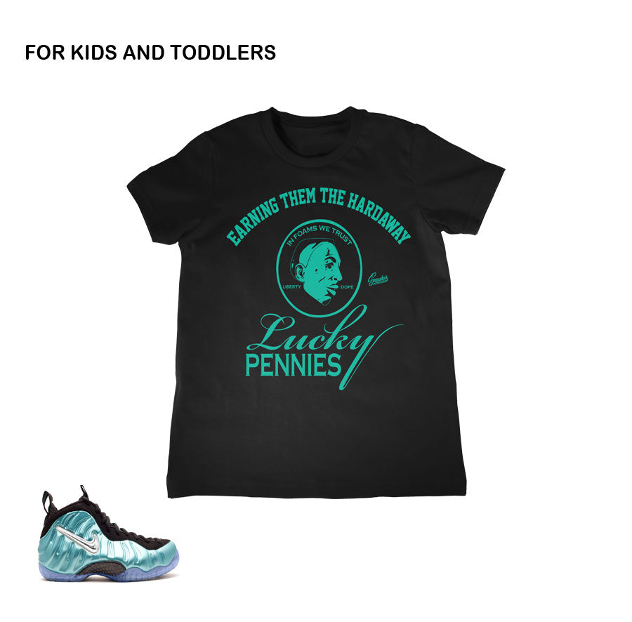 Kids foamposite island green tees match foam toddlers clothing.