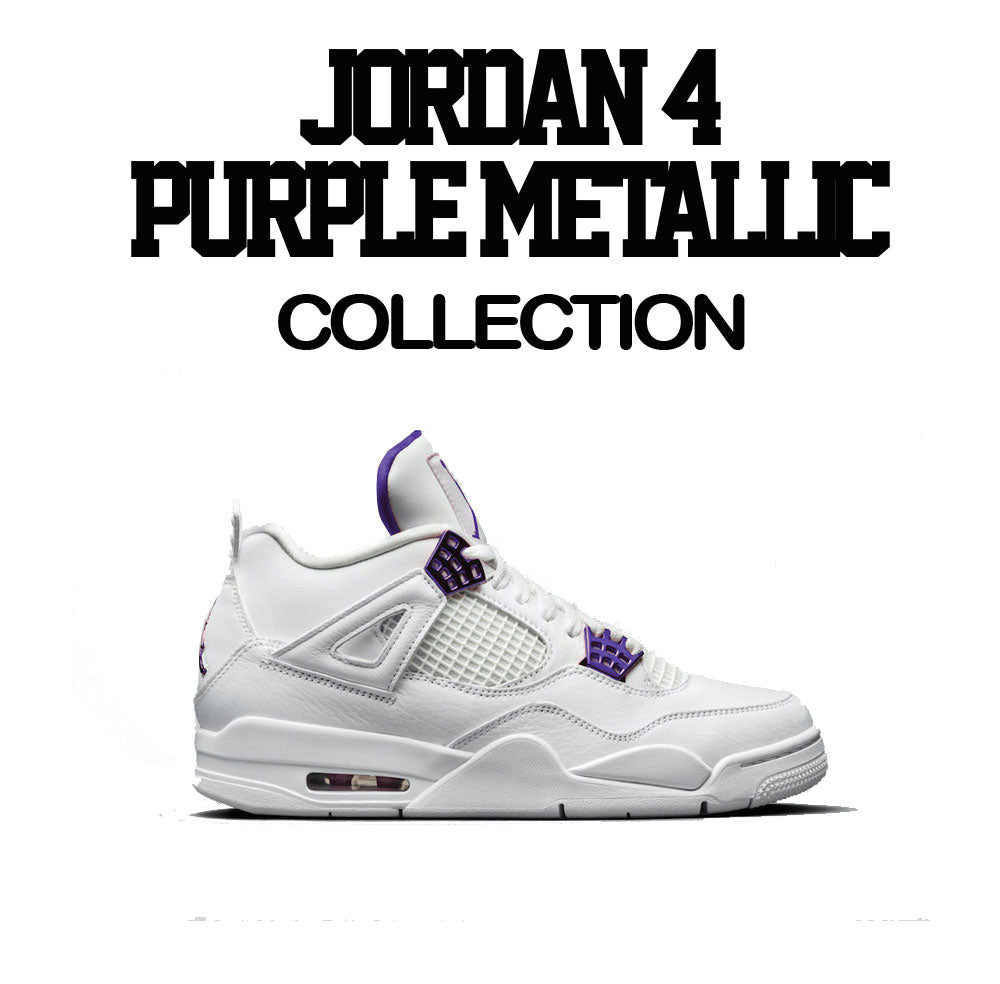 Purple Metallic Jordan 4 sneakers matching with guys shirts