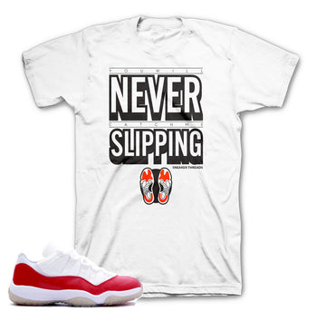 Shirts match Jordan 11 varsity red retro 11 low sneaker tees.
