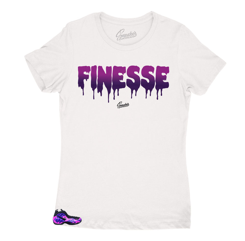 Womens Foamposite camo purple sneakers have matching Womens tees made perfectly.