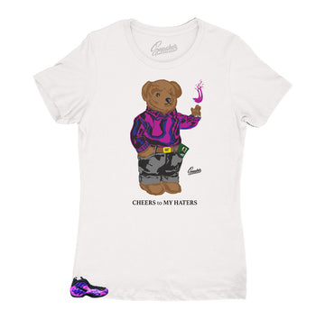 Womens shirts match the womens Foamposite camo purple sneakers