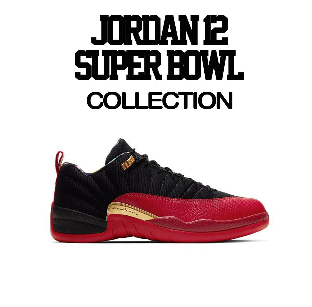 Jordan Retro 12 super bowl sneaker tees match retro 12 university red gold.