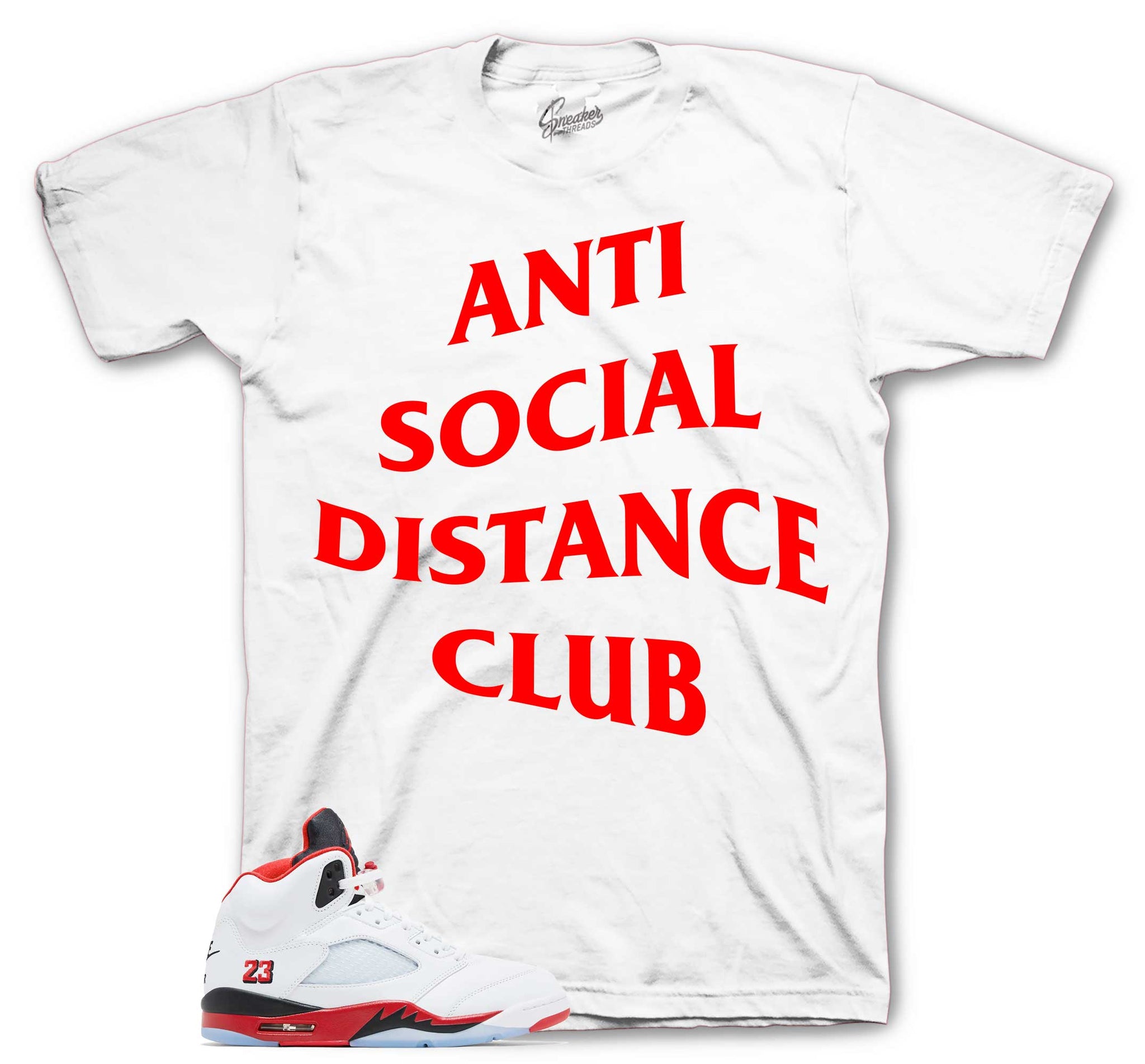 Retro 5 Fire Red Shirt - Social Distancing - White