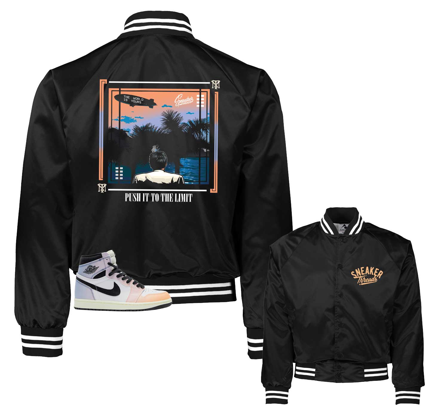 Retro 1 Skyline Satin Jacket- World Yours - Black