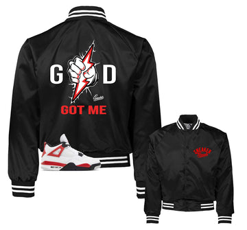 Retro 4 Red Cement Varsity Jacket - God Got Me - Black