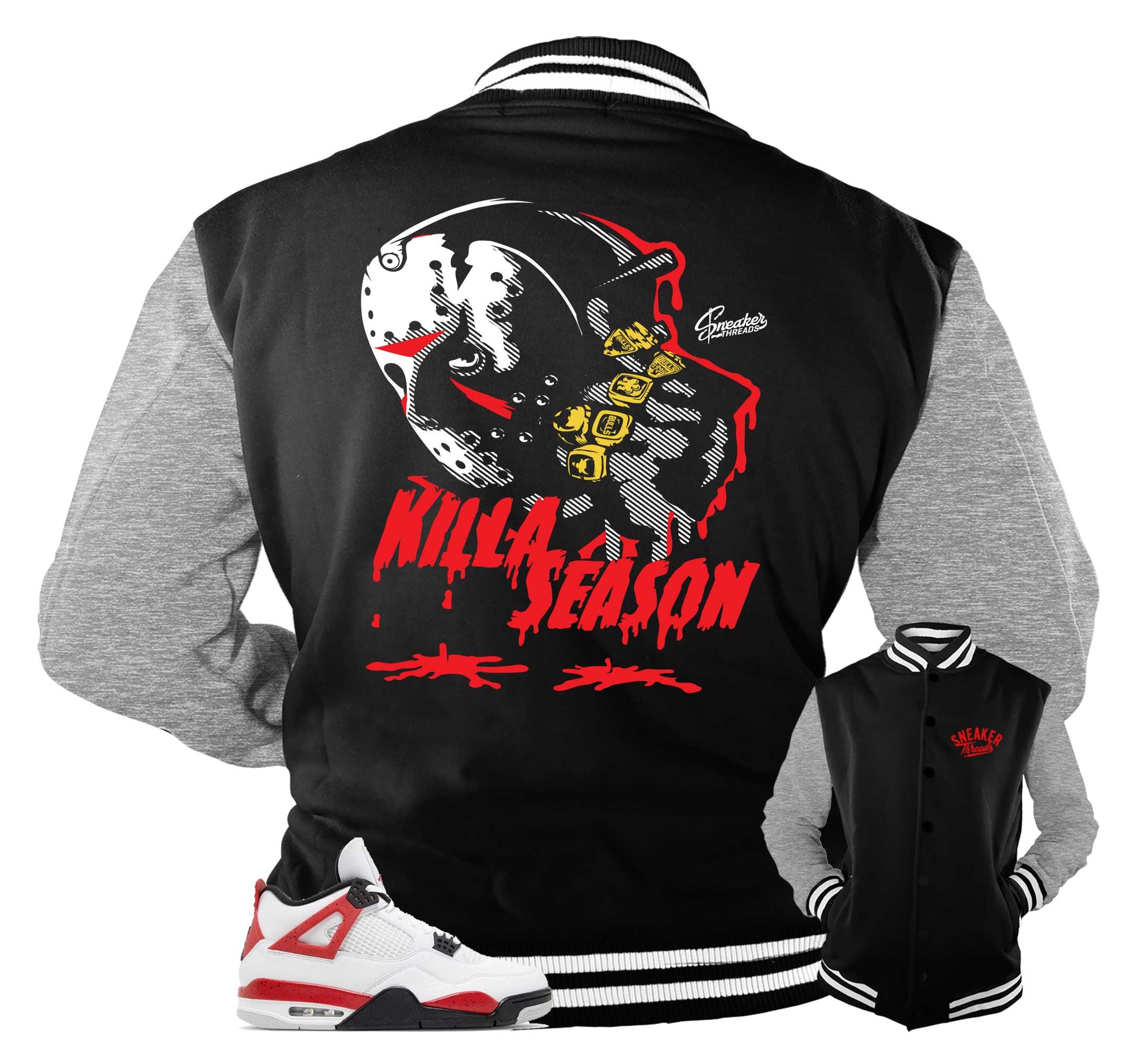 Retro 4 Red Cement Varsity Jacket - Killa Season - Black