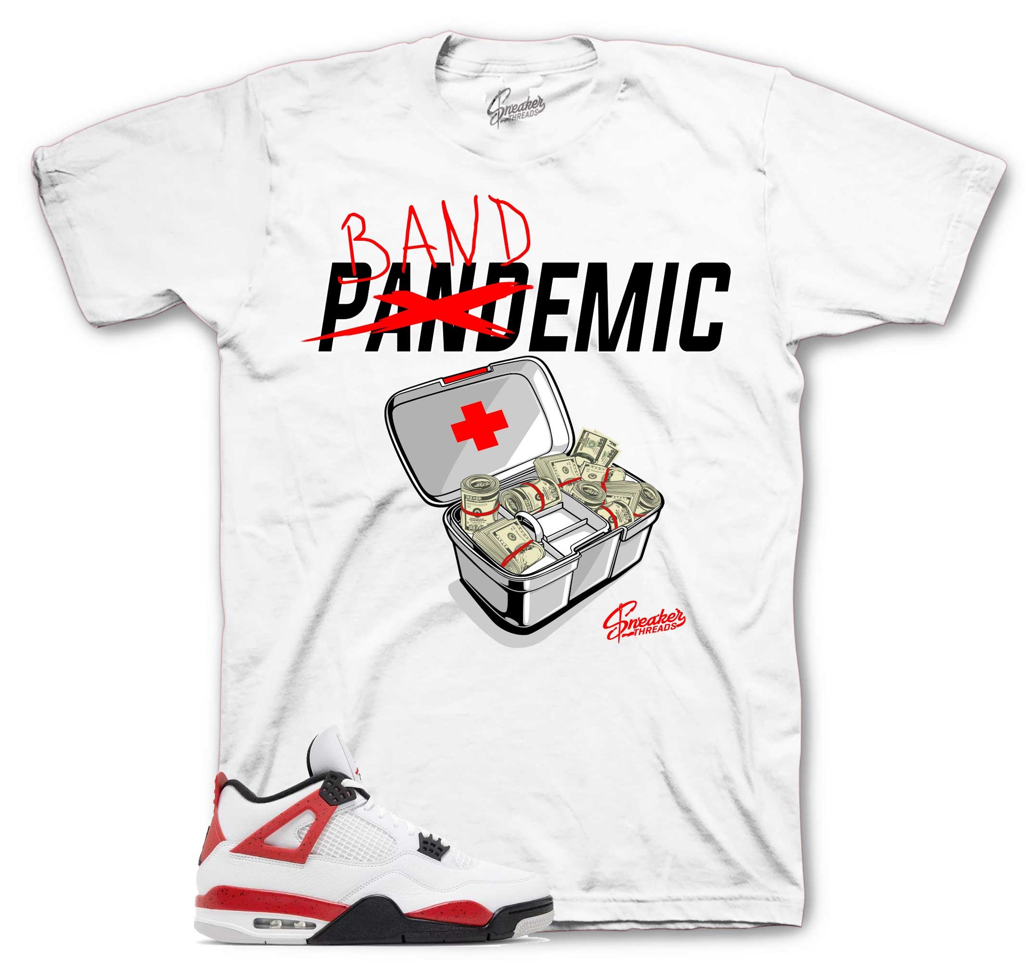 Retro 4 Red Cement Shirt - Bandemic - White