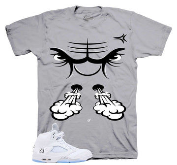 Retro 5 White Metallic Shirt - Raging Face - Grey
