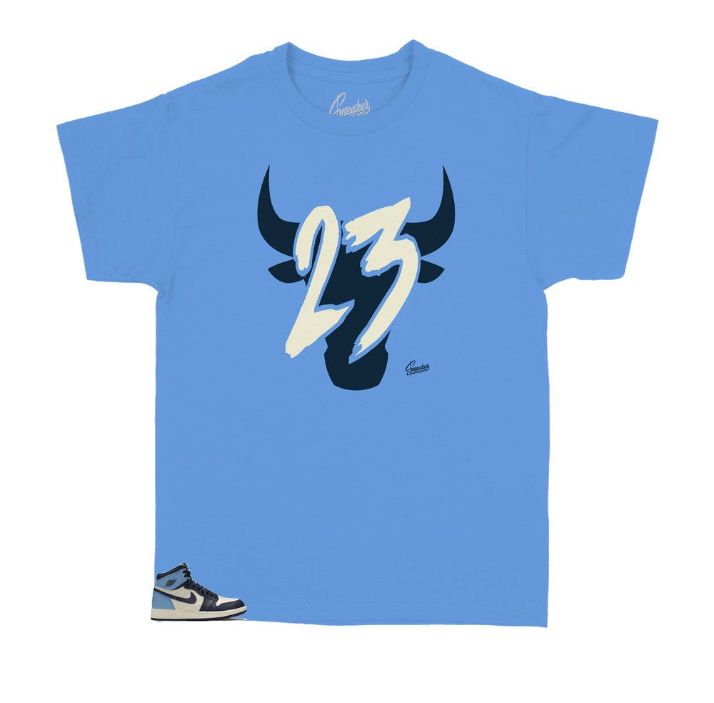Kids Jordan 1 Unc obsidian sneaker has matching kids tee designed to match perfectly with the kids Jordan 1 unc obsidian collection