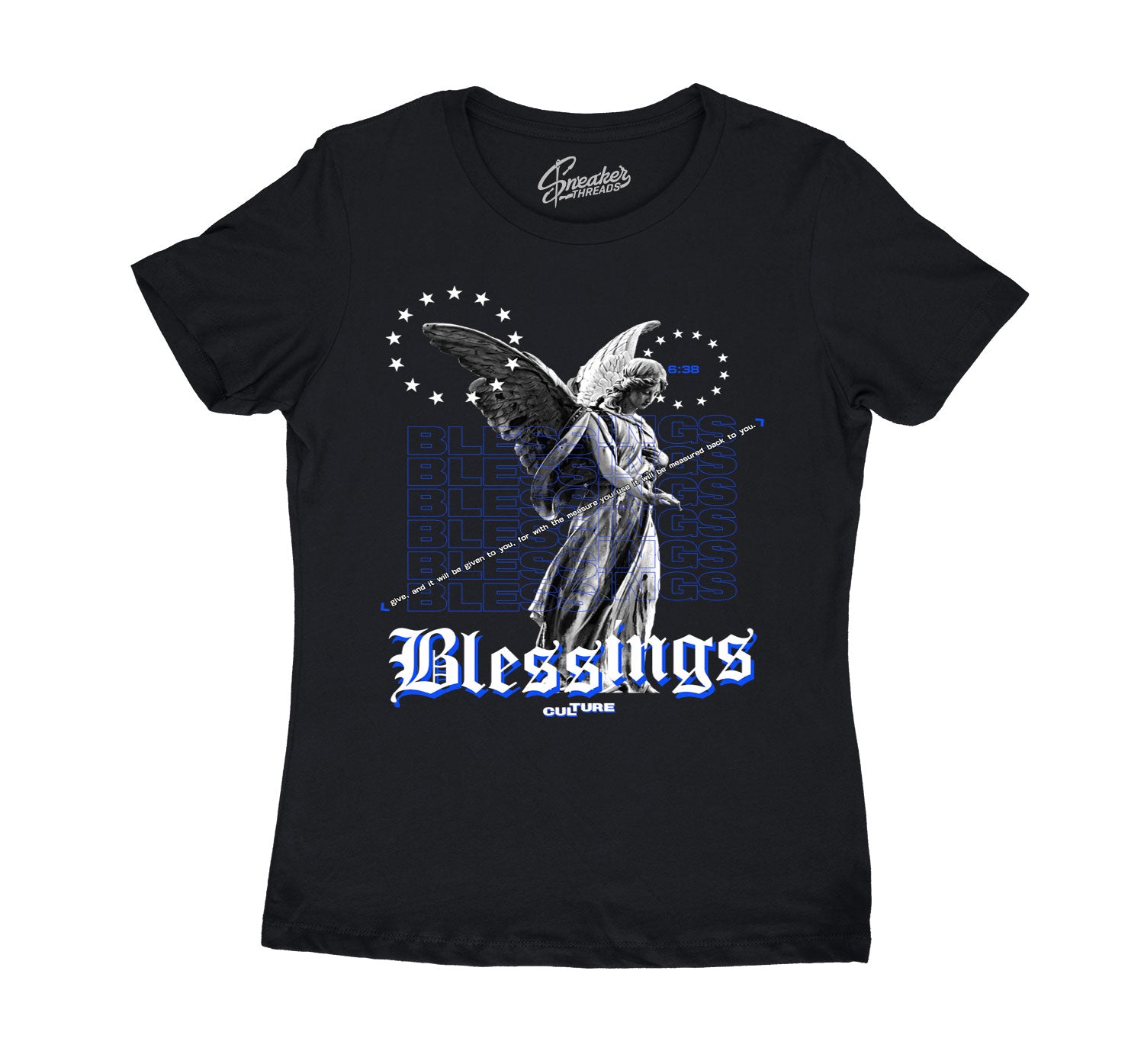 Womens Racer Blue 3 Shirt - Blessings Angel - Black
