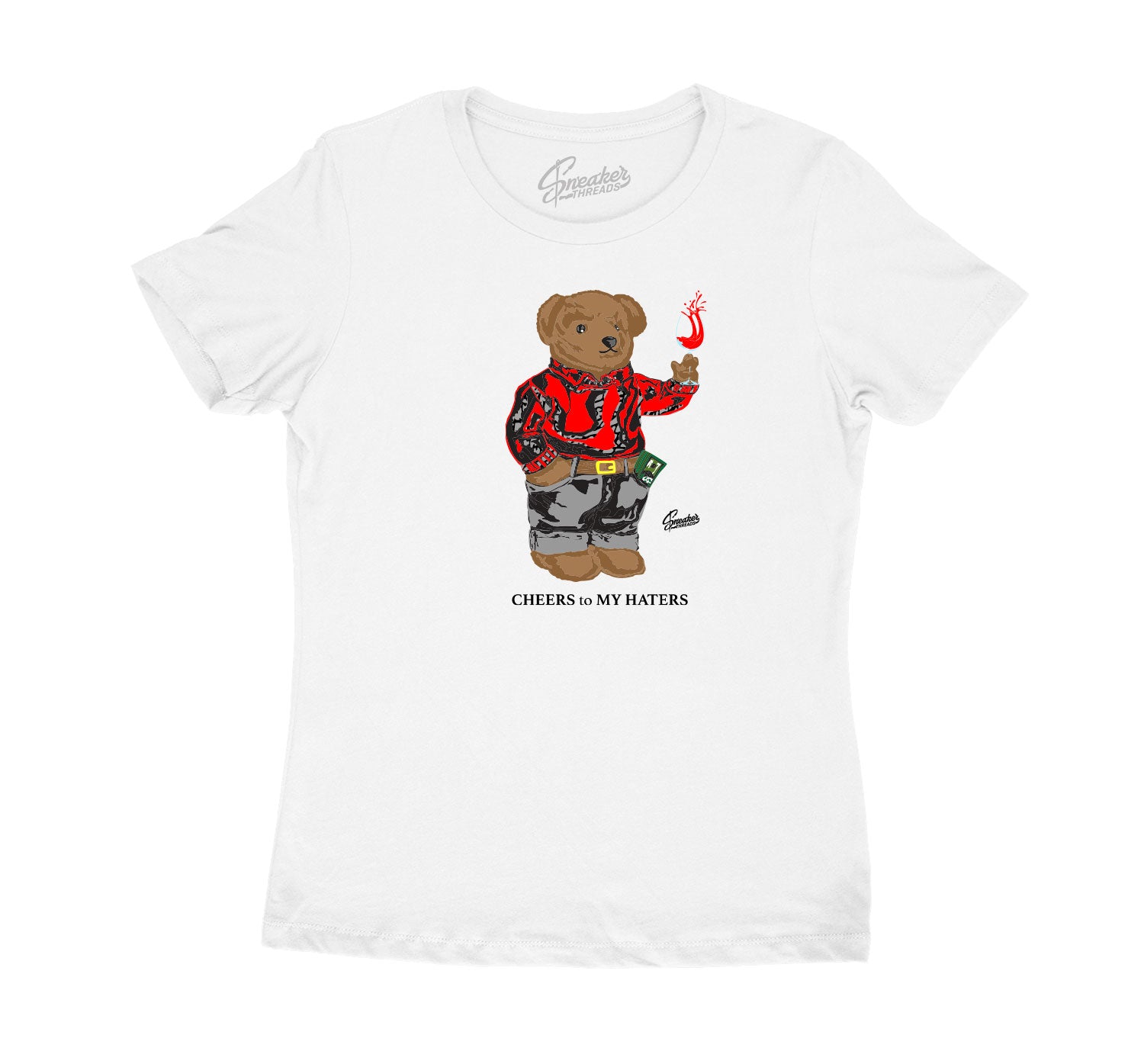 Womens Red Cement 3 Shirt - Cheers Bear - White