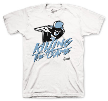 white tees matching Jordan 9 university blue sneaker collection 