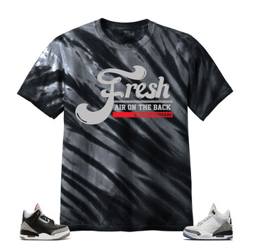 Tye dye shirt matches jordan 3 black cement shoes.