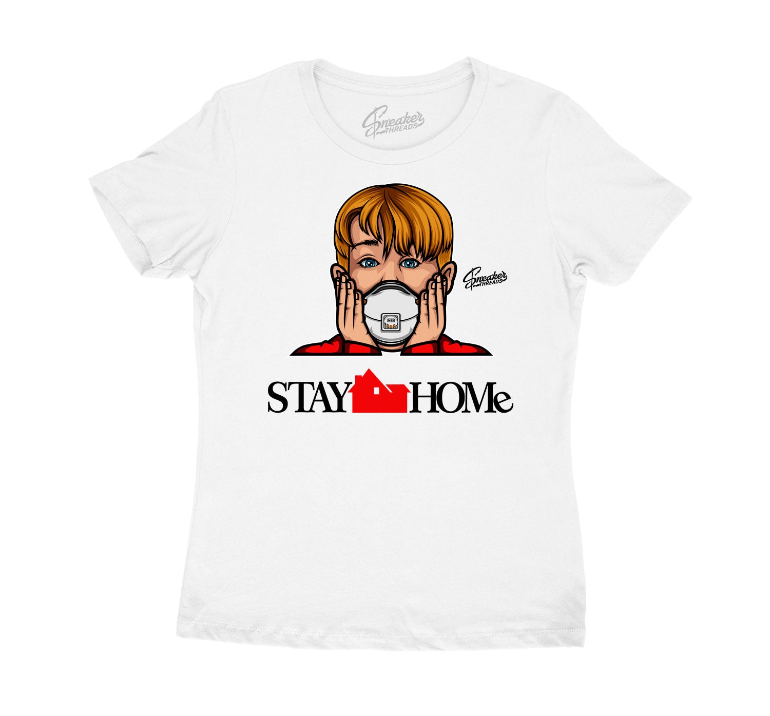 Womens Fire Red 5 Shirt - Stay Home - White