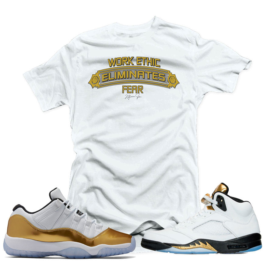 Olympic gold Jordan 5 sneaker match tees shirts.