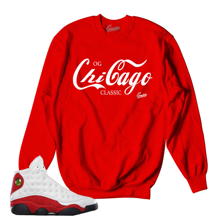 Jordan 13 OG Chicago sweaters match sneakers.