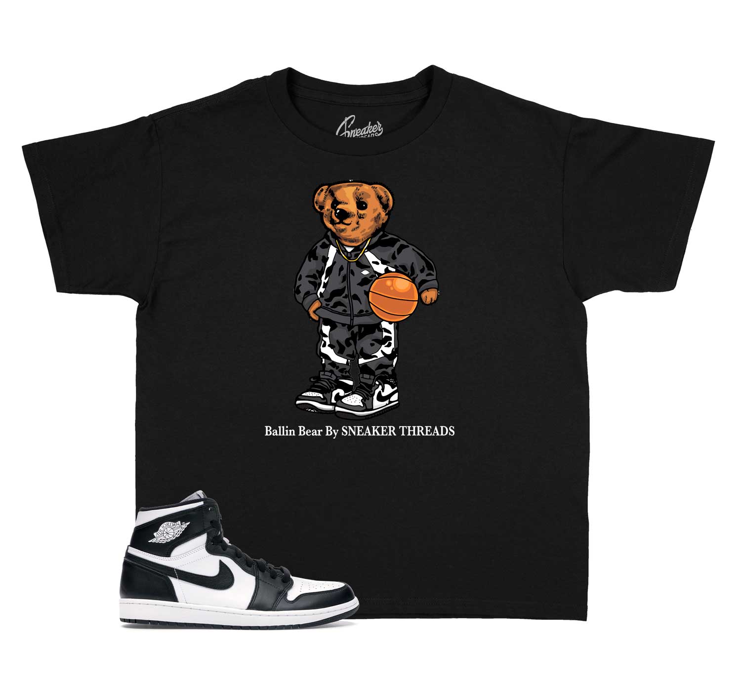 Kids Black And White 1 Shirt - Ballin Bear - Black