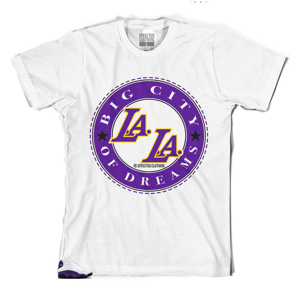 Jordan 13 lakers have matching tee shirts designed to match perfectly with the Jordan 13 