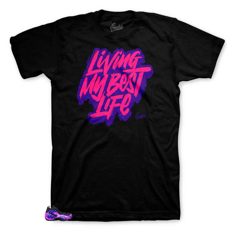 Foamposite Purple Camo Sneakers have matching shirts designed to match the foamposite purple camo sneakers