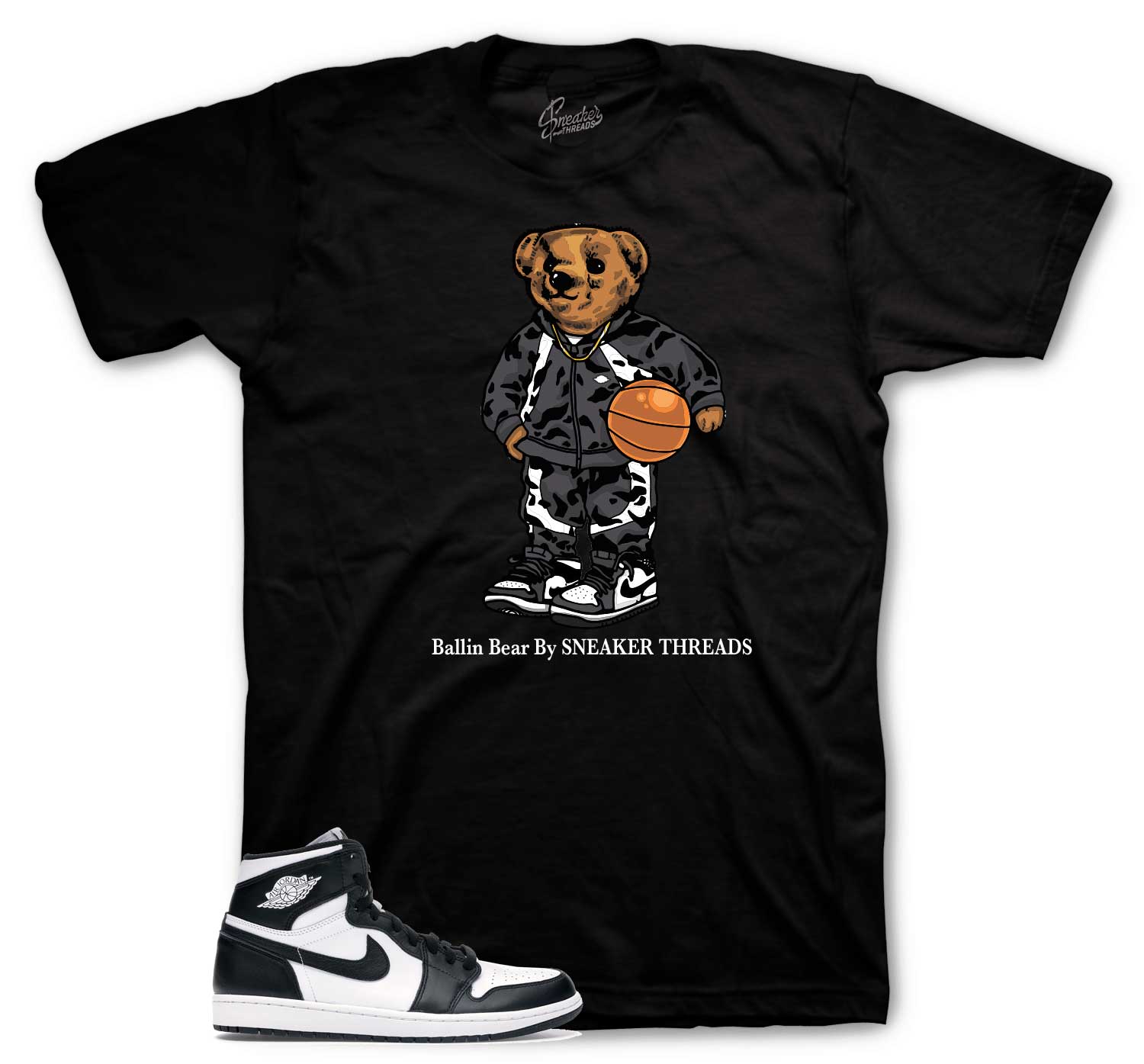 Retro 1 Black And White Shirt - Ballin Bear - Black