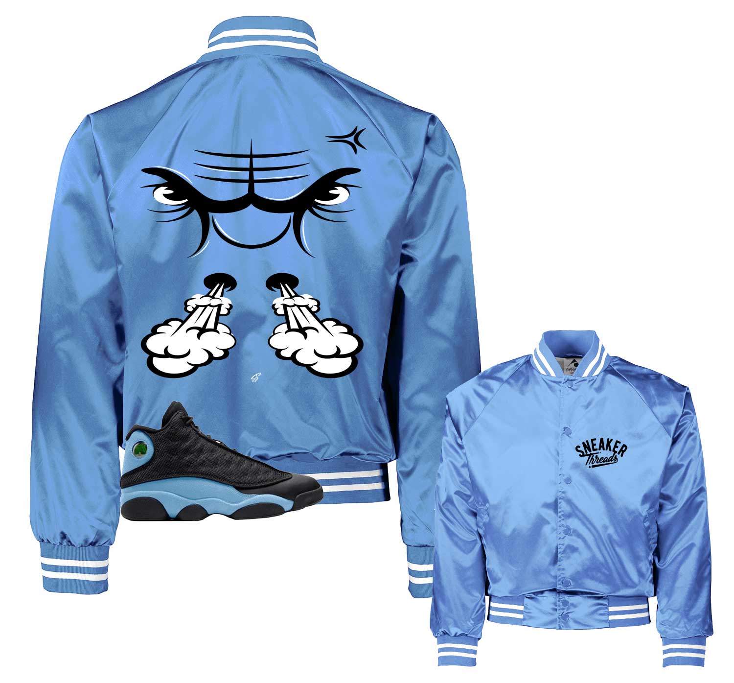 Jordan 13 university blue varsity jacket | raging face Sneaker design