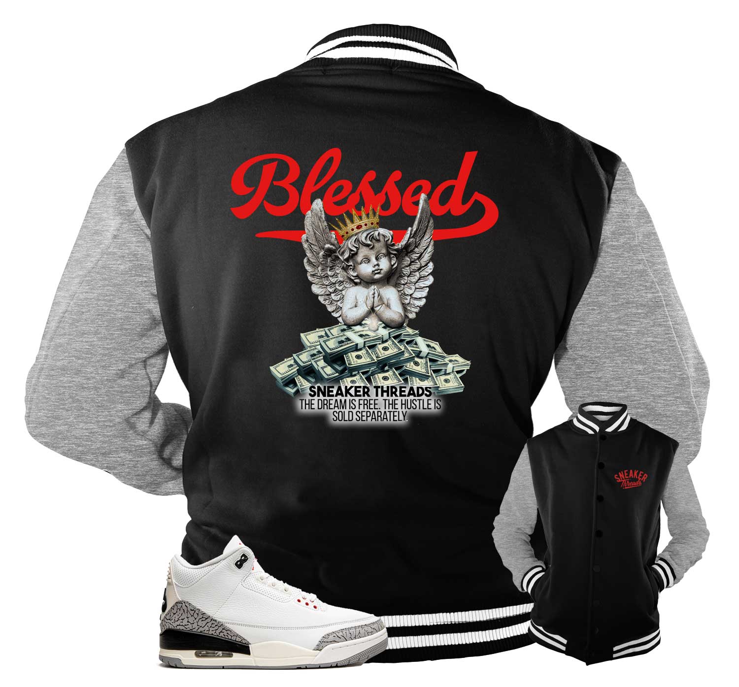 Retro 3 White Cement Reimagined Jacket - Blessed Angel - Black