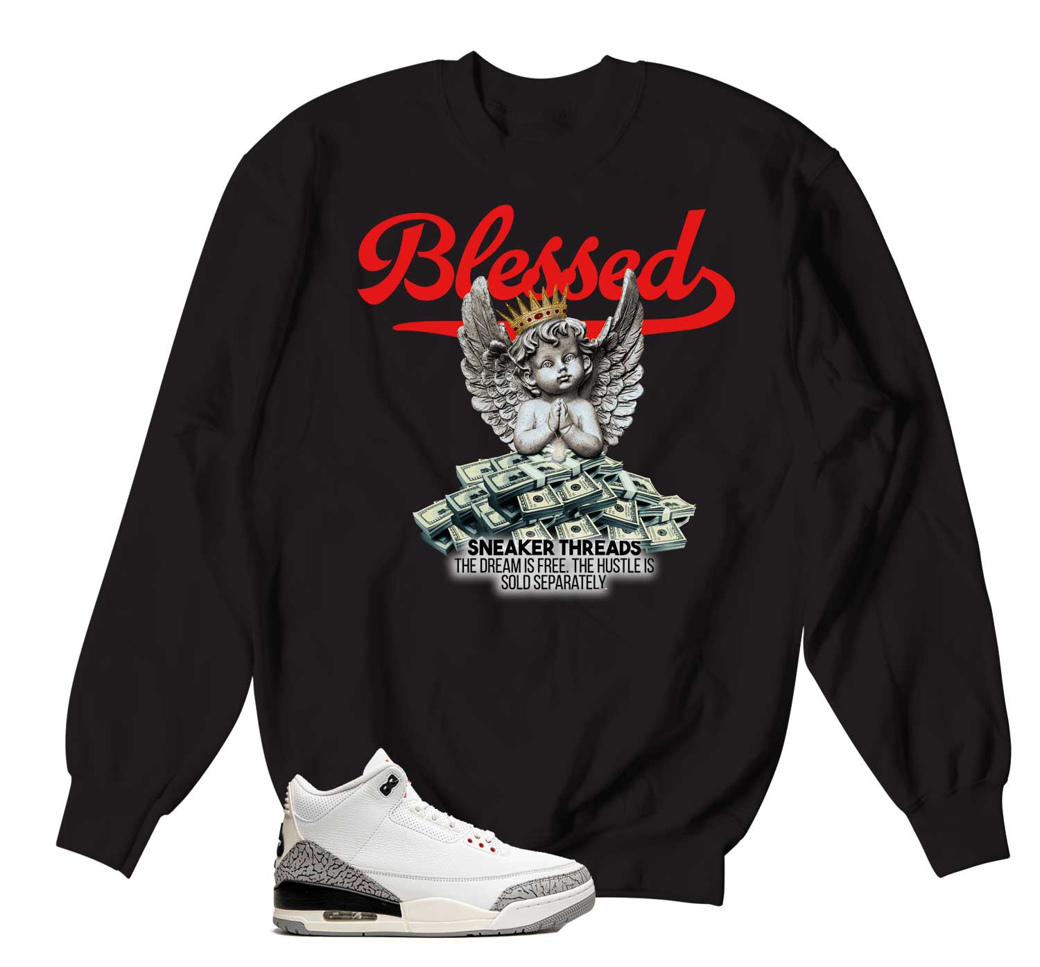 Retro 3 White Cement Reimagined Sweater - Blessed Angel - Black