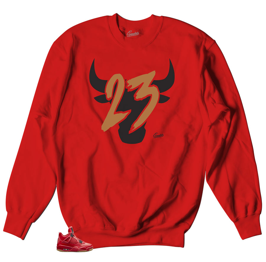 Toro red sweater to match Jordan 4 Singles sneakers