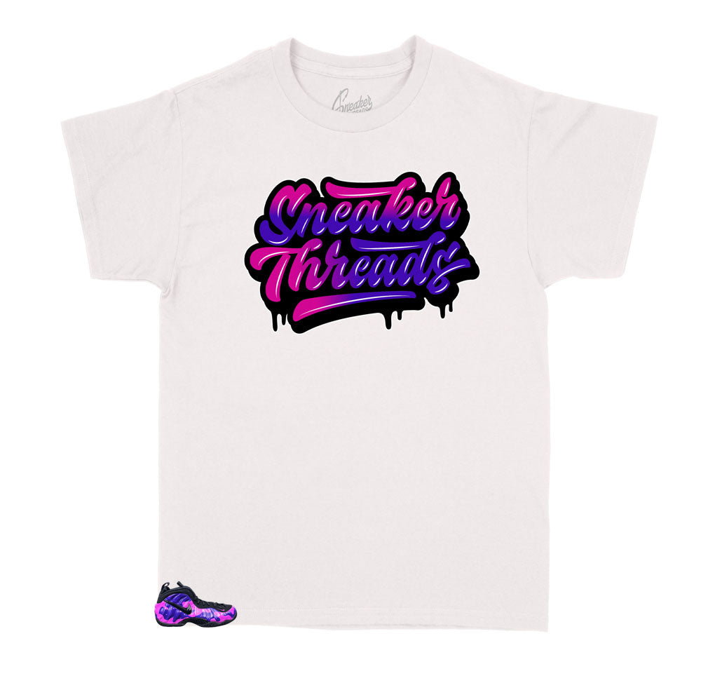 Kids tee collection designed to match the camo purple foamposite sneakers