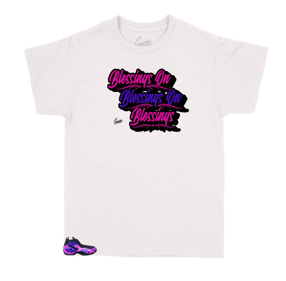 kids sneakers camo foamposite purple has matching kids shirts designed perfectly