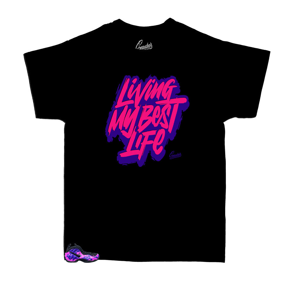 Purple Camo kids Foamposites matches kids tees designed to match perfectly