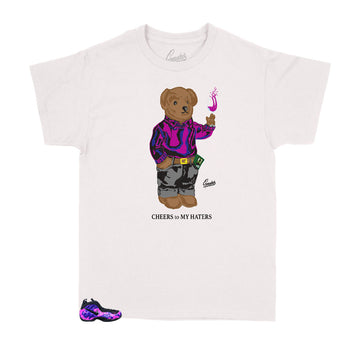Kids Foamposite purple camo sneakers has matching kids t shirts designed perfectly to match 