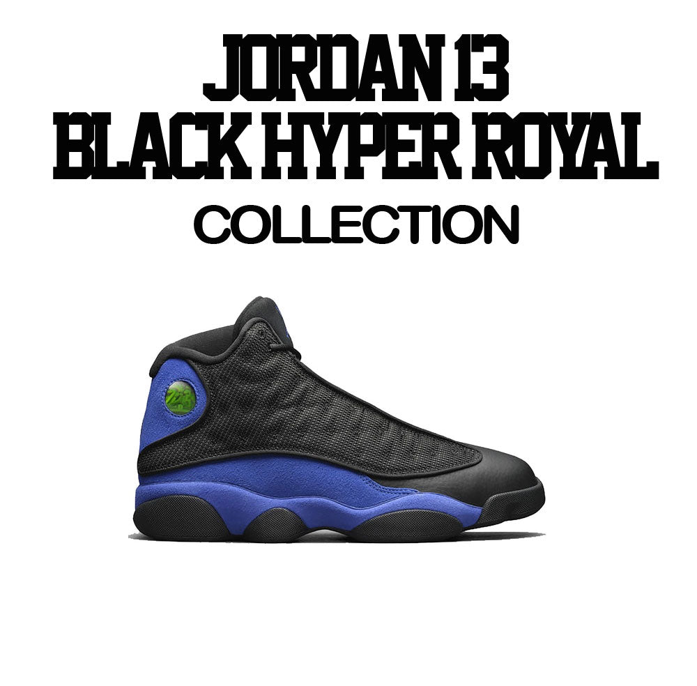 Jordan 13 black hyper royal sneaker that goes perfect with mens t shirt collection 