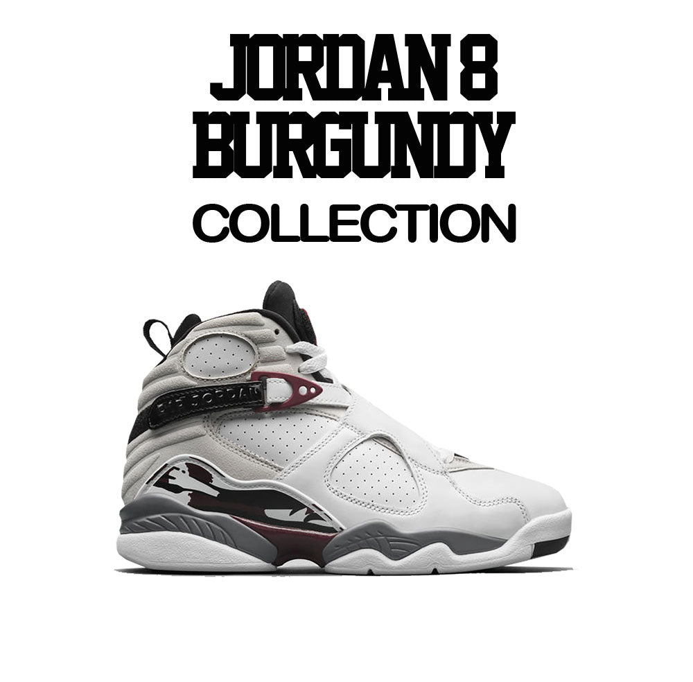 Burgundy Jordan 8 sneaker collection matches with mens t shirt