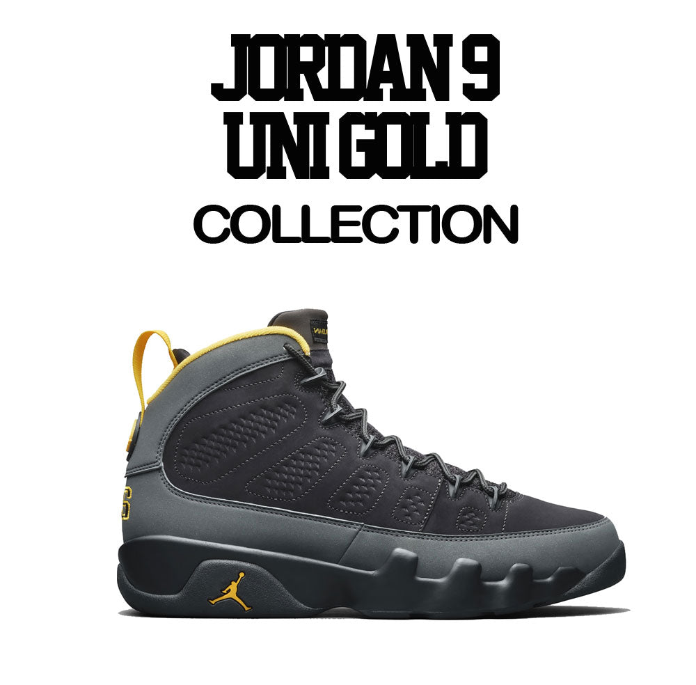 Uni Gold Jordan 9 sneaker collection to match with guys t shirt collection 