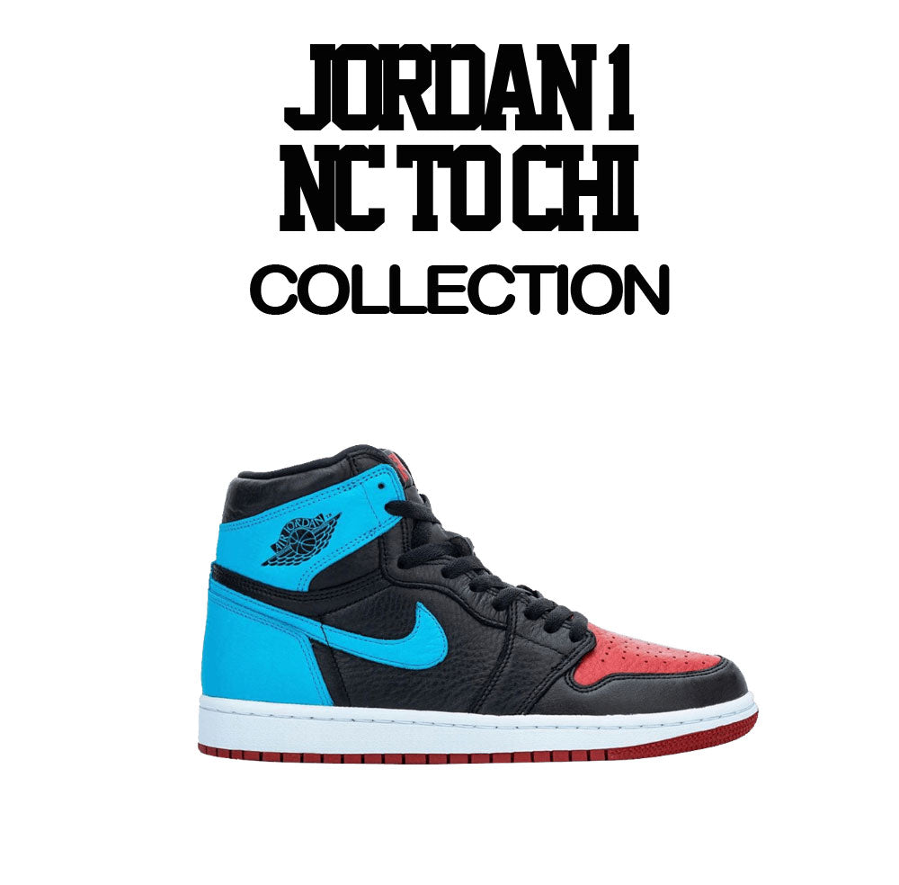 Sneaker tees match Jordan 1 NC to CHI retro 1s UNC to Chi clothing.