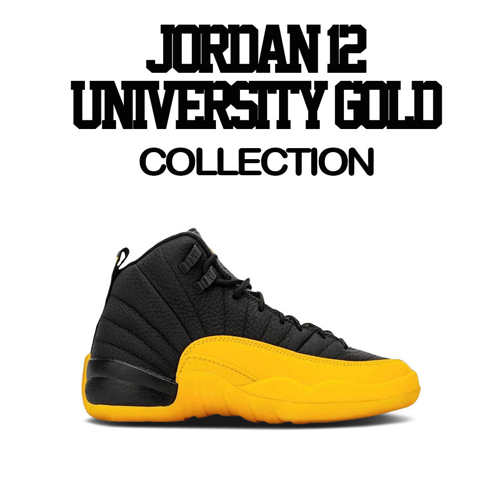 University Gold Jordan 12 sneaker collection matching with tees for guys