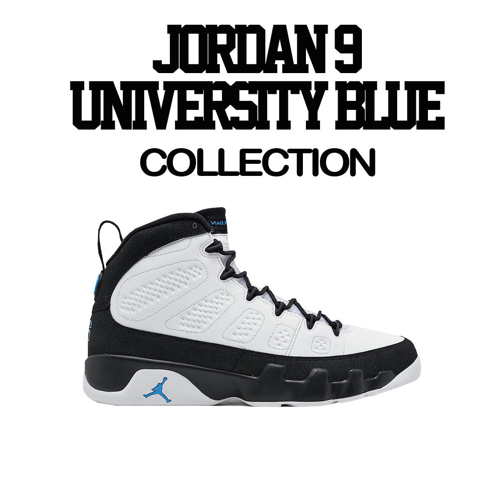 white tees matching Jordan 9 university blue sneaker collection 