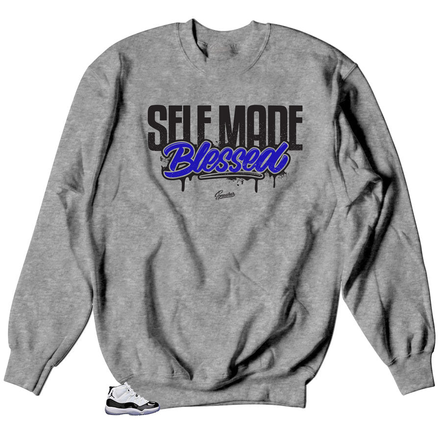 Heather Grey crewneck matches Jordan Concord 11 sneakers